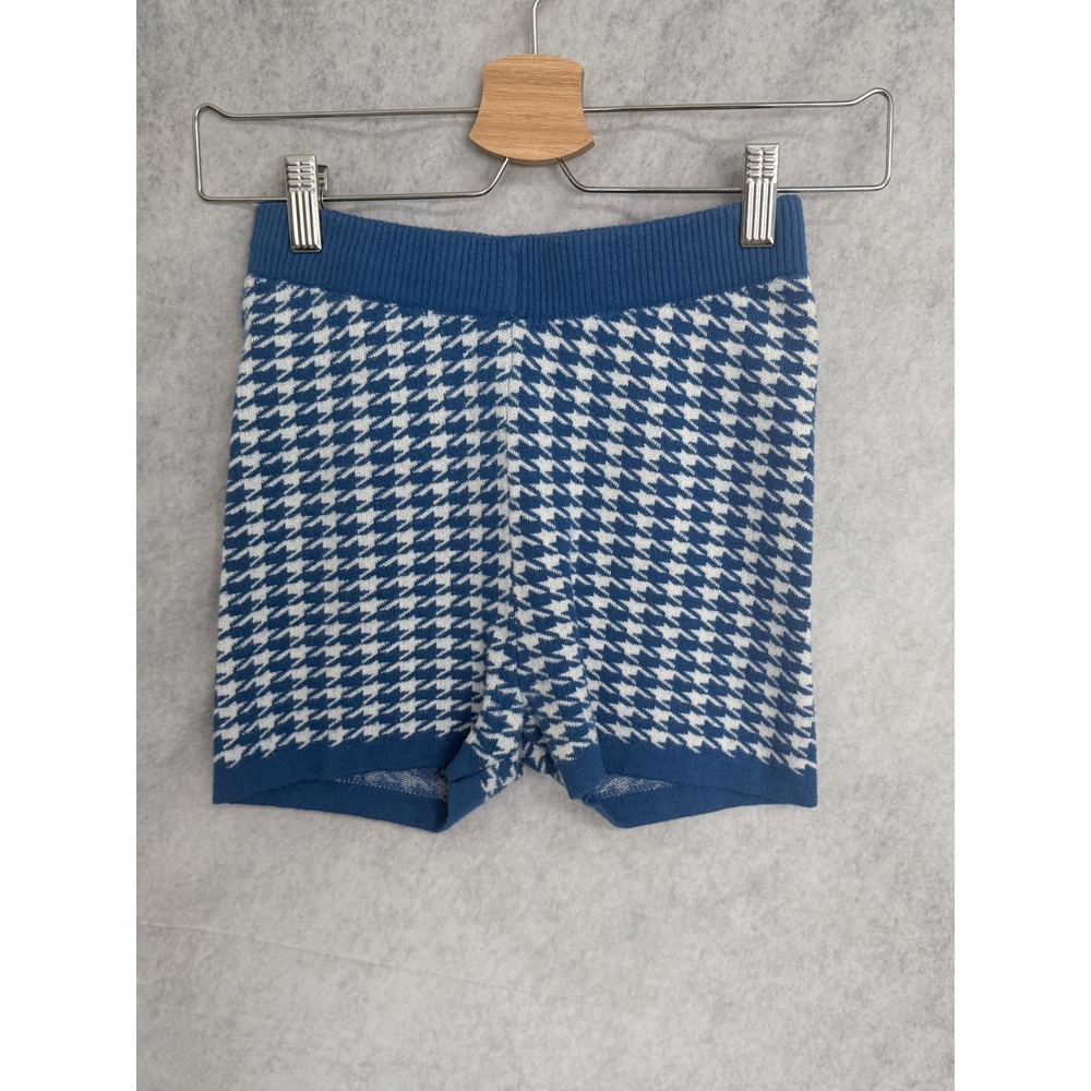Princess Polly Blue White Houndstooth Knit Shorts XS/S High Waisted Ribbed Waist